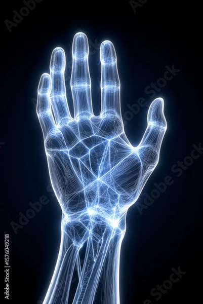 Fototapeta Generative AI Human Hand Anatomy X-Ray Illustration Bones Joints Wrist Fingers Skeleton Medical 3d rendering Digital art Connective tissue Science Healthcare - Perfect For Your Project