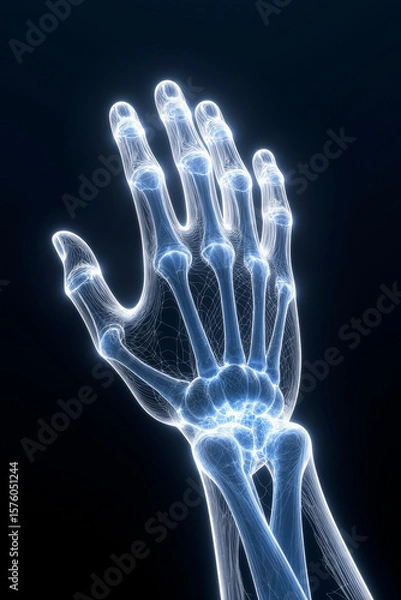 Fototapeta Generative AI Human Hand Bones X-Ray View Skeleton Anatomy Medical Render Wrist Fingers Joints Carpal bones Metacarpals Phalanges Science Healthcare Diagnosis Medicine - Download Now