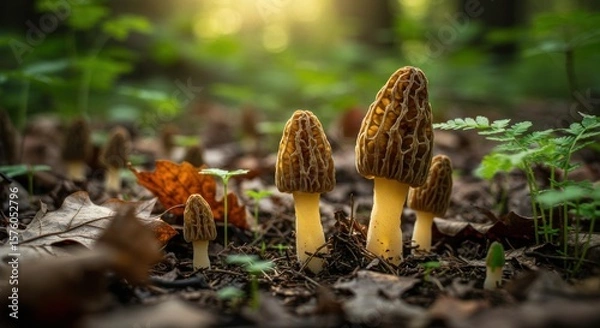 Fototapeta Ethereal morel mushrooms illuminated by gentle sunlight in a lush forest floor