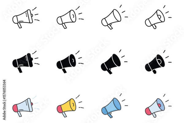 Fototapeta Megaphone icon set element for your design with 3 style line glyph line color