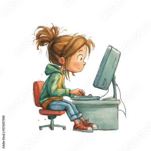 Fototapeta Childlike Illustration of a Girl Using a Laptop