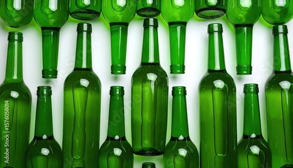 Obraz Green bottles arranged on white background
