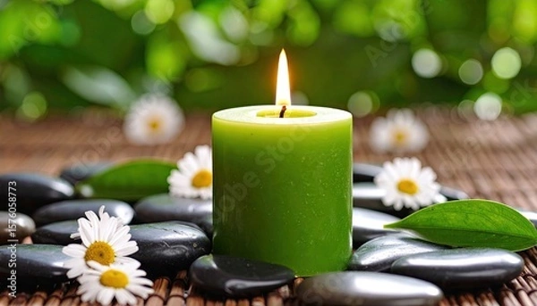 Obraz Green candle surrounded by stones and flowers