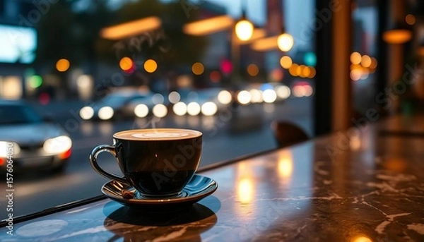 Fototapeta Steaming latte art on cafe counter, city lights blurring in evening window,  closeup,  barista