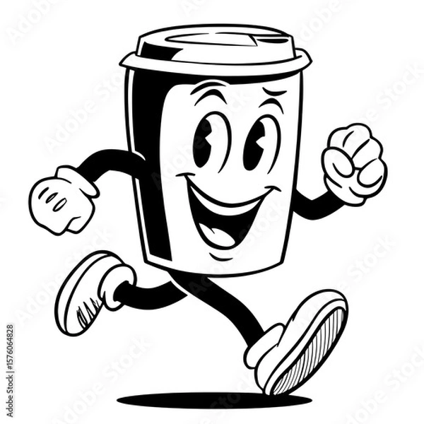 Obraz Happy Coffee Cup with Wheels – Retro Character Illustration on Transparent