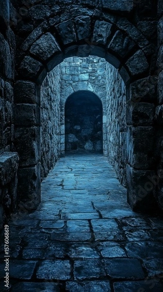 Fototapeta Walking Through Stone Archway in Dark Mysterious Tunnel