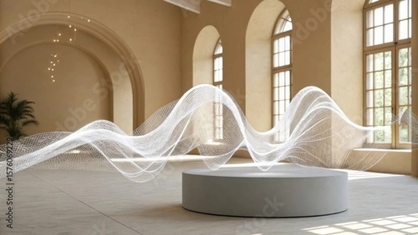 Fototapeta A luminous white wireframe sculpture of a sound wave gracefully floats above a cylindrical pedestal in a spacious sunlit room with arched windows and subtle architectural details