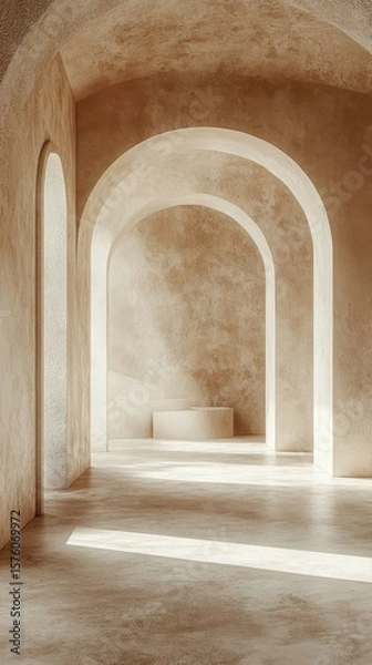 Fototapeta Arched Hallway with Concrete Floor and Soft Light