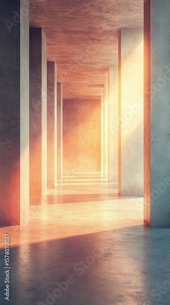 Fototapeta Hallway with Columns and Sunlight Casting Shadows on the Floor