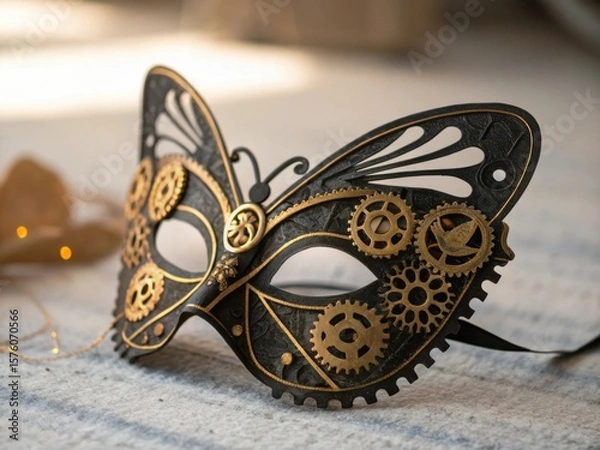 Fototapeta Intricate butterfly shaped steampunk mask adorned with golden gears and delicate detailing