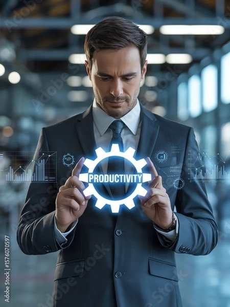 Fototapeta Businessman analyzing productivity concept interface
