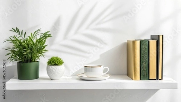 Fototapeta A minimalist shelf arrangement featuring a potted plant a coffee cup and a stack of books with soft shadow accents on a white wall
