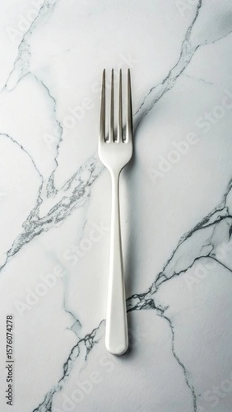 Fototapeta A single white handled fork rests on a white marble surface with prominent grey veining