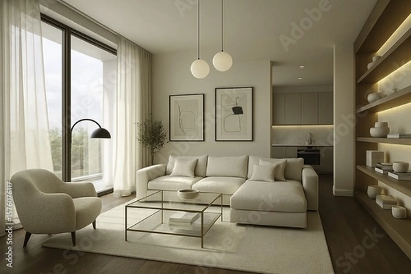 Fototapeta A spacious, modern luxury living room bathed in soft natural daylight, featuring floor-to-ceiling panoramic windows with sheer linen curtains gently flowing in the breeze. 