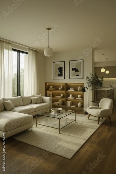 Fototapeta a cozy reading nook with a boucle armchair and a modern arc floor lamp sits near an indoor olive tree in a stone planter. The hardwood flooring has a rich walnut finish.