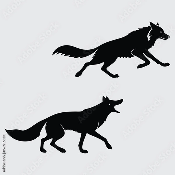 Obraz Fox and wolf chasing each other in circles  image silhouette design vector art and illustration