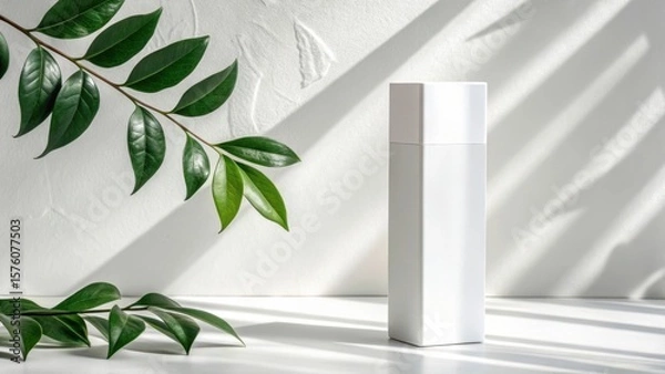 Fototapeta A minimalist white bottle with green leaves and dappled sunlight creates a serene and natural aesthetic for product presentation