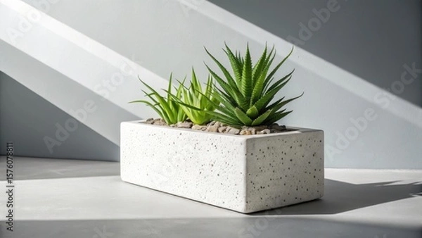 Fototapeta A minimalist arrangement of vibrant green succulents in a textured white rectangular planter bathed in dramatic diagonal light and shadow