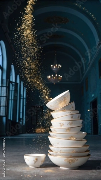 Fototapeta A cascade of golden glitter pours over a stack of ornate white bowls in a grand hall with chandeliers