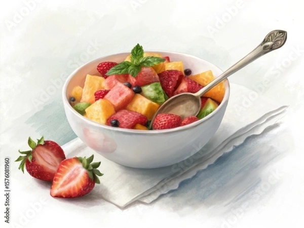 Fototapeta A refreshing bowl of mixed fruit salad with strawberries blueberries raspberries melon and pineapple garnished with mint leaves and a spoon