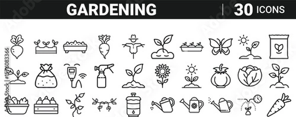Obraz Set of 30 outline icons related to gardening, line icon bundle, editable stroke icon collection