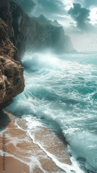 Fototapeta Crashing Ocean Waves Against Rocky Cliffs on a Cloudy Day