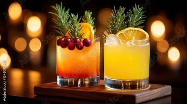Obraz Two vibrant cocktails garnished with orange slices, cranberries, and rosemary served on a wooden tray with warm lighting