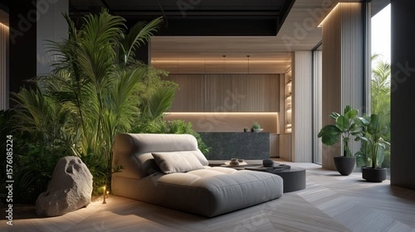 Obraz A modern minimalist living room featuring indoor plants, neutral furniture, wood textures, and natural lighting through large windows
