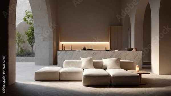 Obraz Modern living room with cream sofa, marble counter, warm lighting, and arched walls in a natural, serene atmosphere