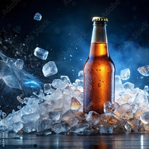 Obraz Beer bottle dramatically breaking through thick ice with flying sharp fragments, explosive refreshment, explosive action shot perfect for bold beverage advertising