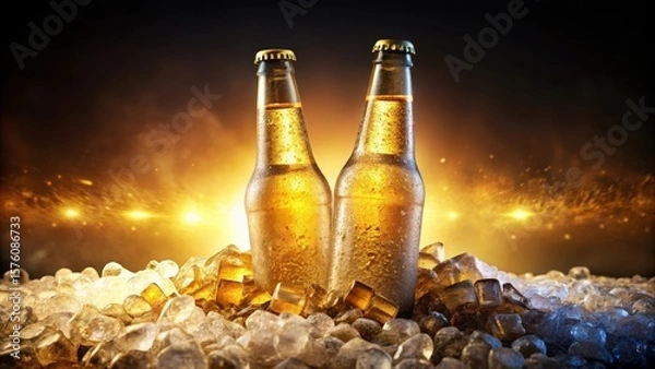 Obraz Two frosty beer bottles in crushed ice with golden backlight glow, icy refreshment, icy perfection perfect for summer beverage campaigns and bar promotions