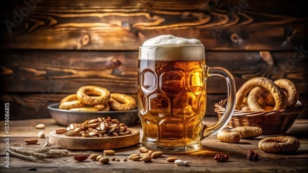 Obraz Vintage beer mug filled with foamy amber ale beside pretzels and peanuts on rustic wooden table, classic bar setting, classic pub vibe perfect for breweries and gastropub marketing