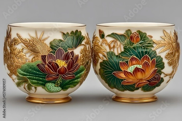 Fototapeta Hand painted ceramic cups featuring floral motifs high resolution photos