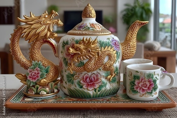 Fototapeta Handcrafted dragon motif porcelain teapot in red high resolution photos