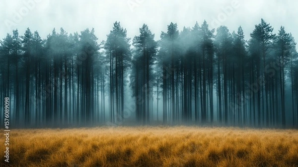 Fototapeta Mystic Summer Landscape in Sweden Featuring a Grass Field Adjacent to a Fog-Laden Forest