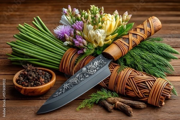 Fototapeta Handcrafted knife with bamboo handle and flowers high resolution photos