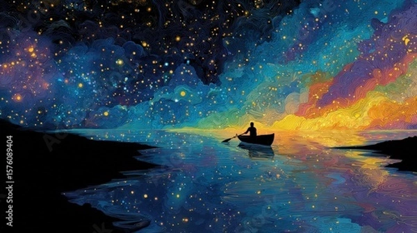 Fototapeta Exploration of Self on a Cosmic River With Vibrant Colors and a Reflective Starry Landscape