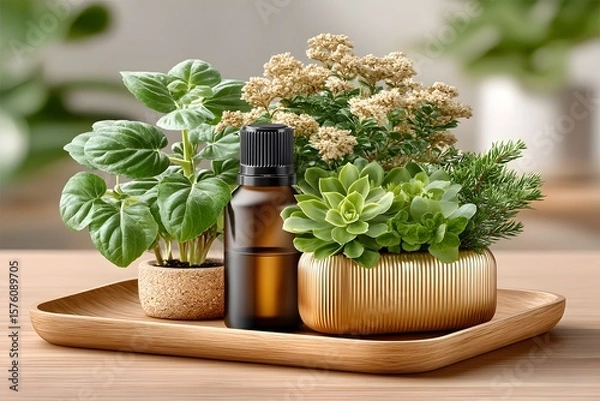 Fototapeta Herbal essential oil with mint and basil high resolution image