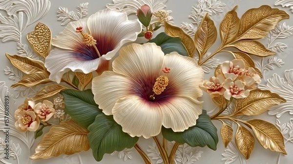 Fototapeta Hibiscus and golden leaves embossed pattern high resolution photos