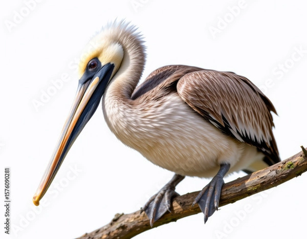 Fototapeta a close up of a brown pelican with curved neck and large beak, perched gently on a thick branch