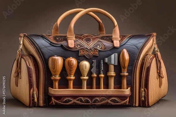 Fototapeta Leather craftsman tool bag presentation set high resolution photos