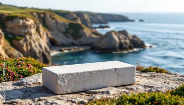 Fototapeta realistic image of a concrete display block, full body, side composition