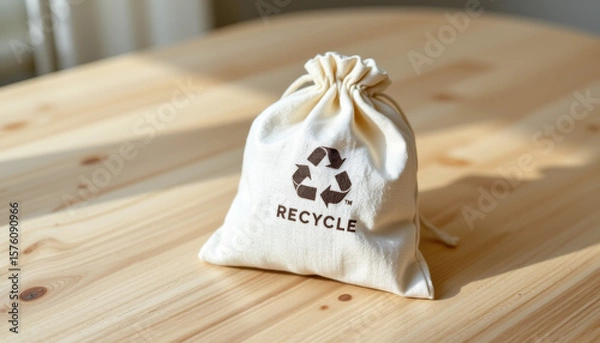 Fototapeta linen drawstring pouch with recycle logo, placed neatly on light wood table