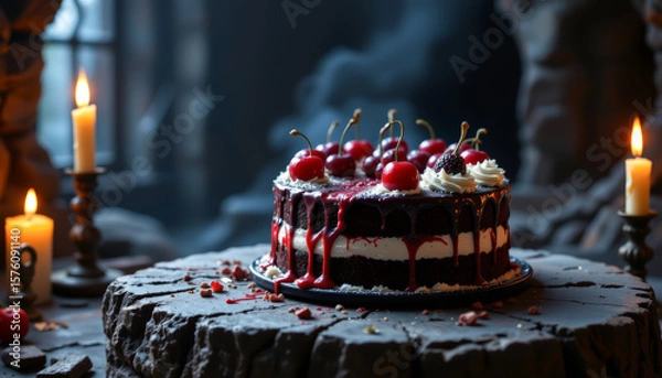 Fototapeta realistic image of a cursed black forest cake with bleeding cherry filling