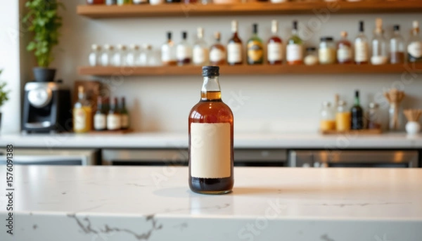 Fototapeta realistic image of a cold brew coffee bottle placed on a white concrete bar coun