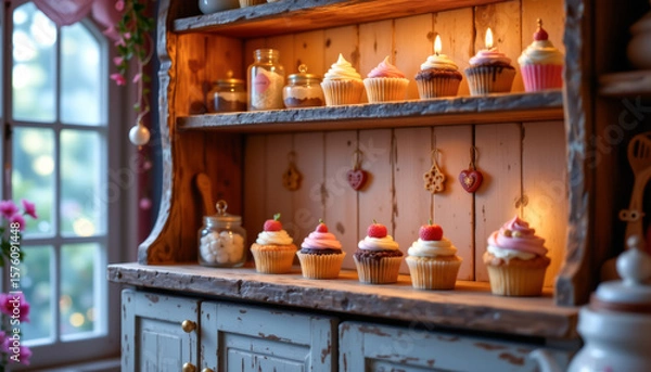 Fototapeta realistic magical bakery shelf with animated cupcakes and blinking tart jars