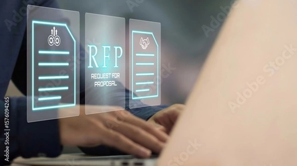 Fototapeta A person using laptop with RFP, Request for Proposal Business Concept.