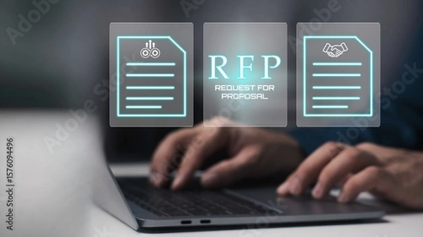 Fototapeta A person using laptop with RFP, Request for Proposal Business Concept.
