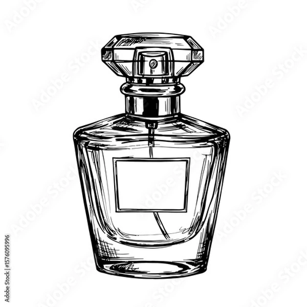 Fototapeta Elegant perfume bottle in classic design with label mockup, vintage pencil strokes style vector illustration. Cosmetics and beauty routine concept, fragrance container