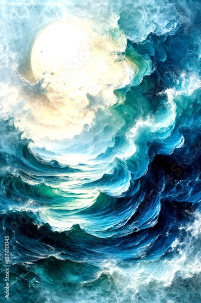 Fototapeta Sunlit Celestial Ocean Waves in Abstract Light, Dreamlike Flow of a Cosmic Sea -Generative AI
